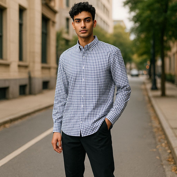 Egara Men's Warehouse Blue White Check Spread Collar Flip Cuff Shirt Sze XLT NWT - Picture 1 of 11